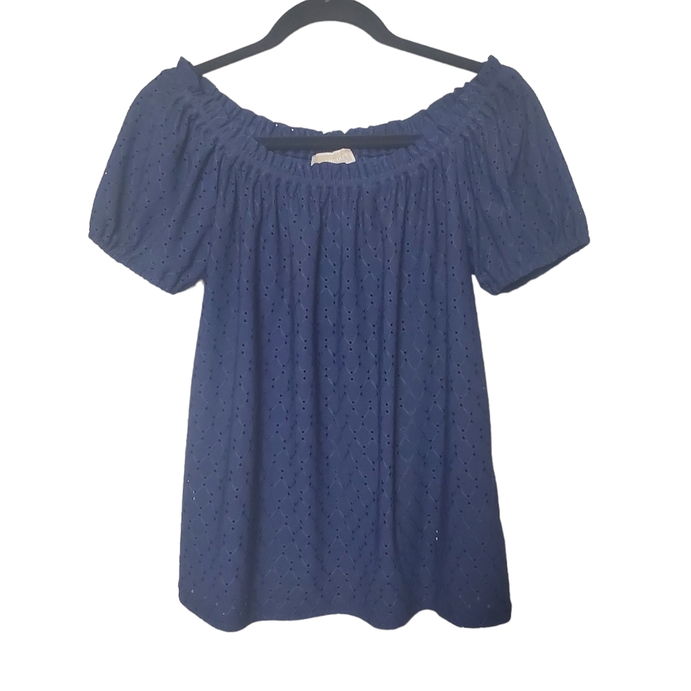 Michael Kors Size M Navy Blue Eyelet Peasant Top Stretch